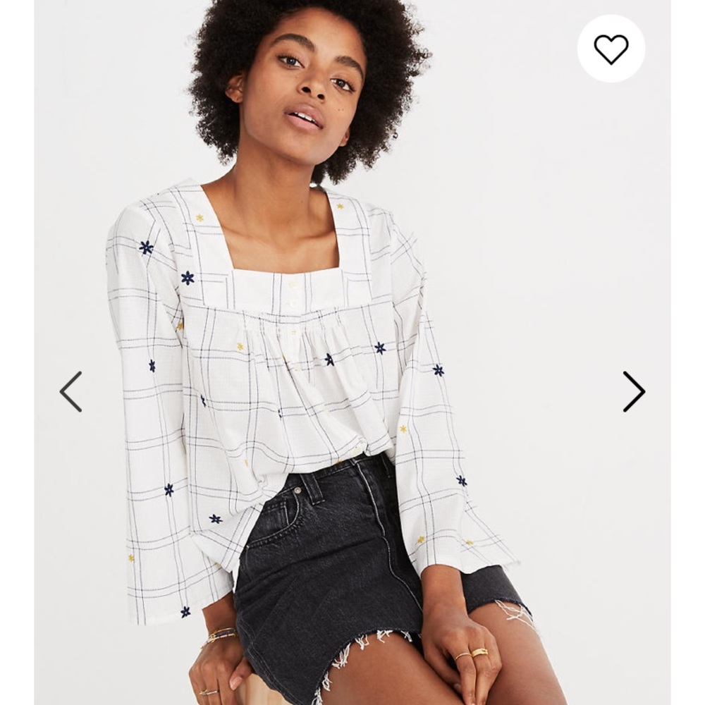 Embroidered Windowpane Square-Neck Button-Down Top